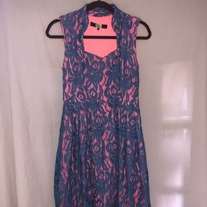Eva Franco blue lace dress with pink liner